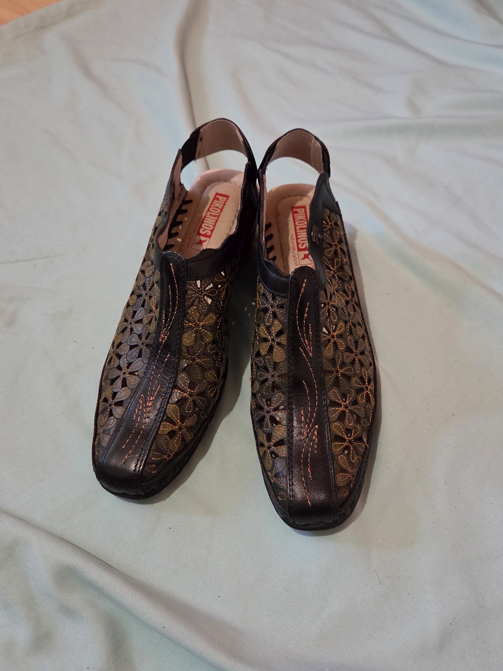 Pikolinos Black Leather Floral Cutout Slingback Shoes, 38 EU